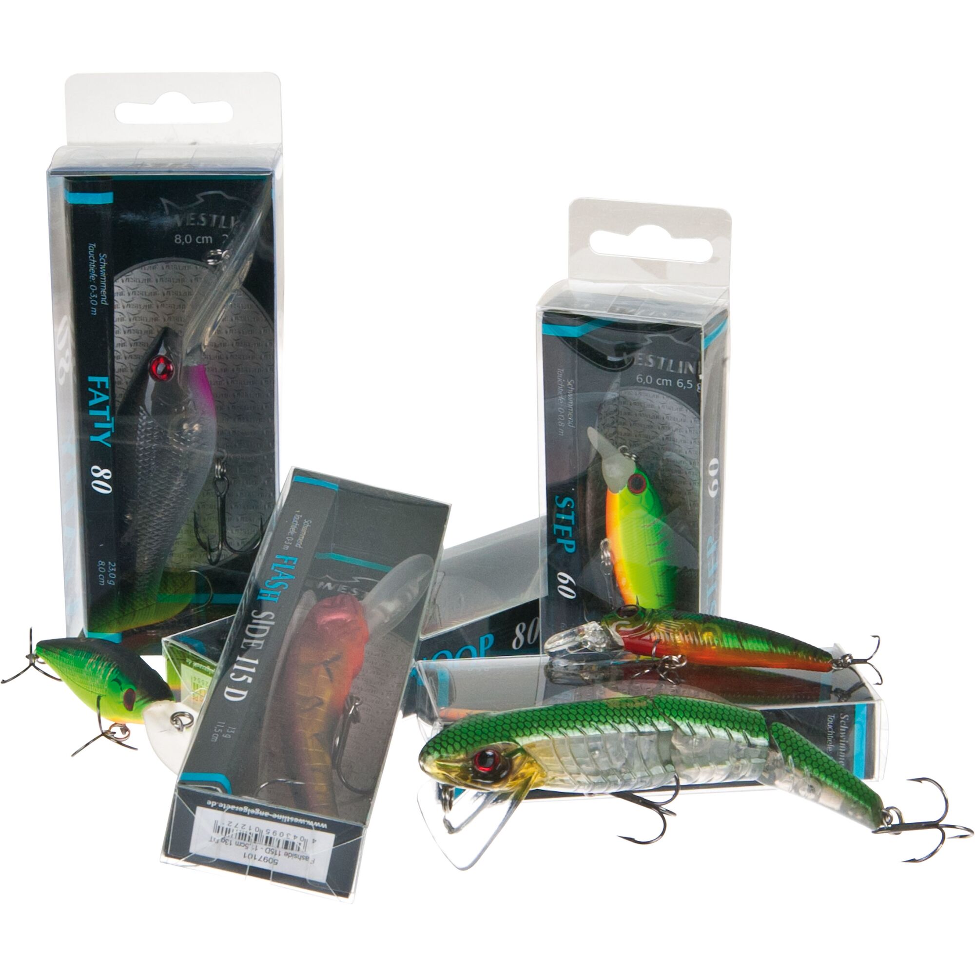 Verschiedene Westin Angelköder in Verpackung.