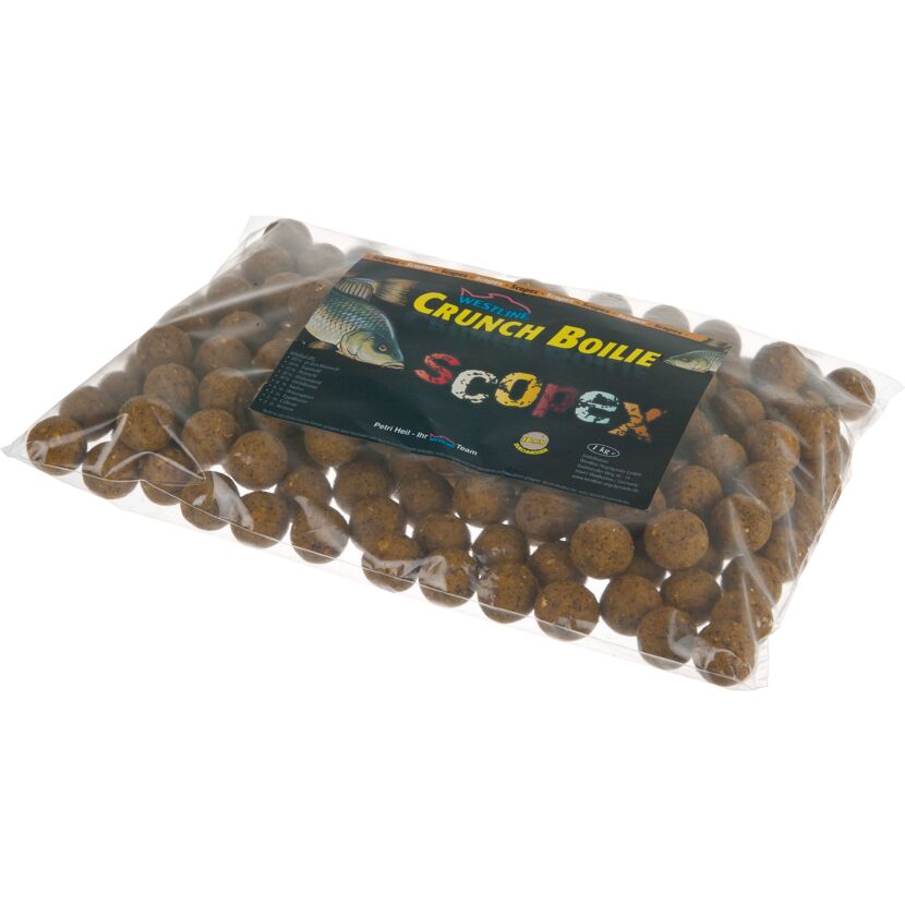 Ein Beutel mit Scopex Crunch Boilies.
