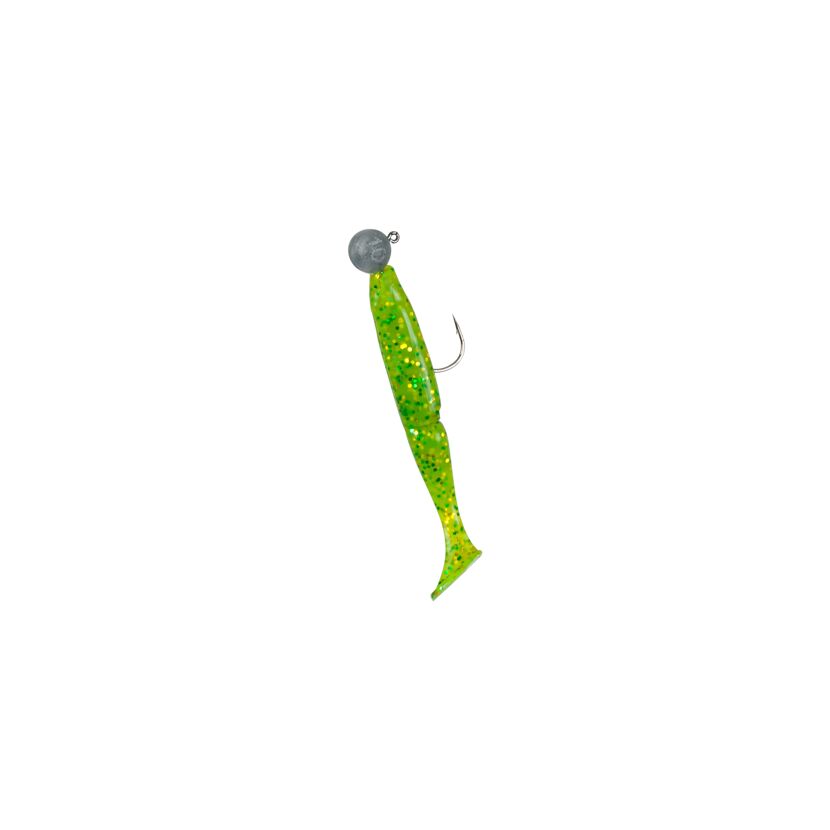 Grüner Gummifisch mit Jigkopf und Einzelhaken