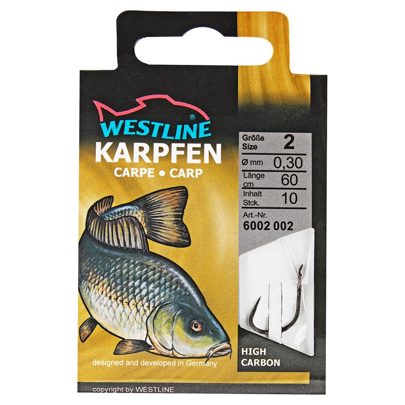 Westline Karpfenhaken Größe 2, 0,30 mm, 60 cm, 10 Stück