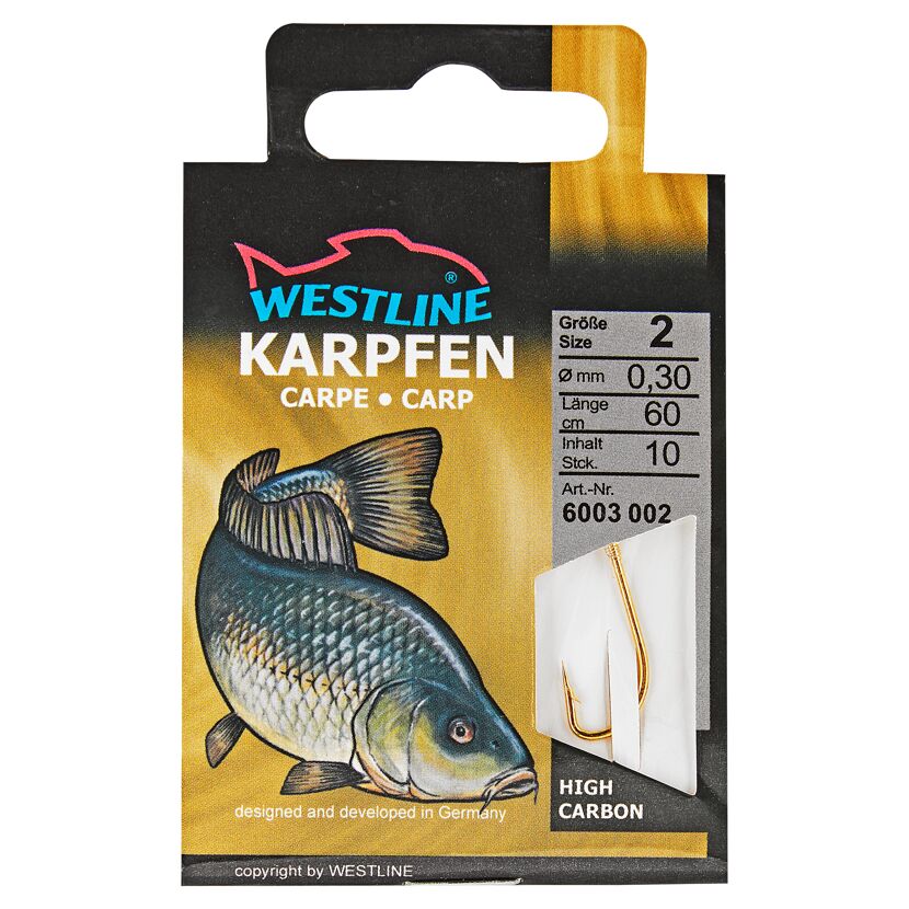 Westline Karpfenhaken Größe 2, 0,30 mm, 60 cm, 10 Stück