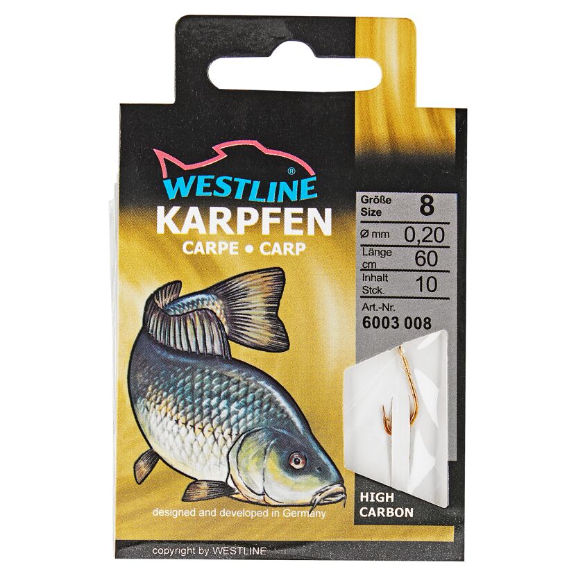 Westline Karpfenhaken Größe 8, 0,20 mm, 60 cm, 10 Stück