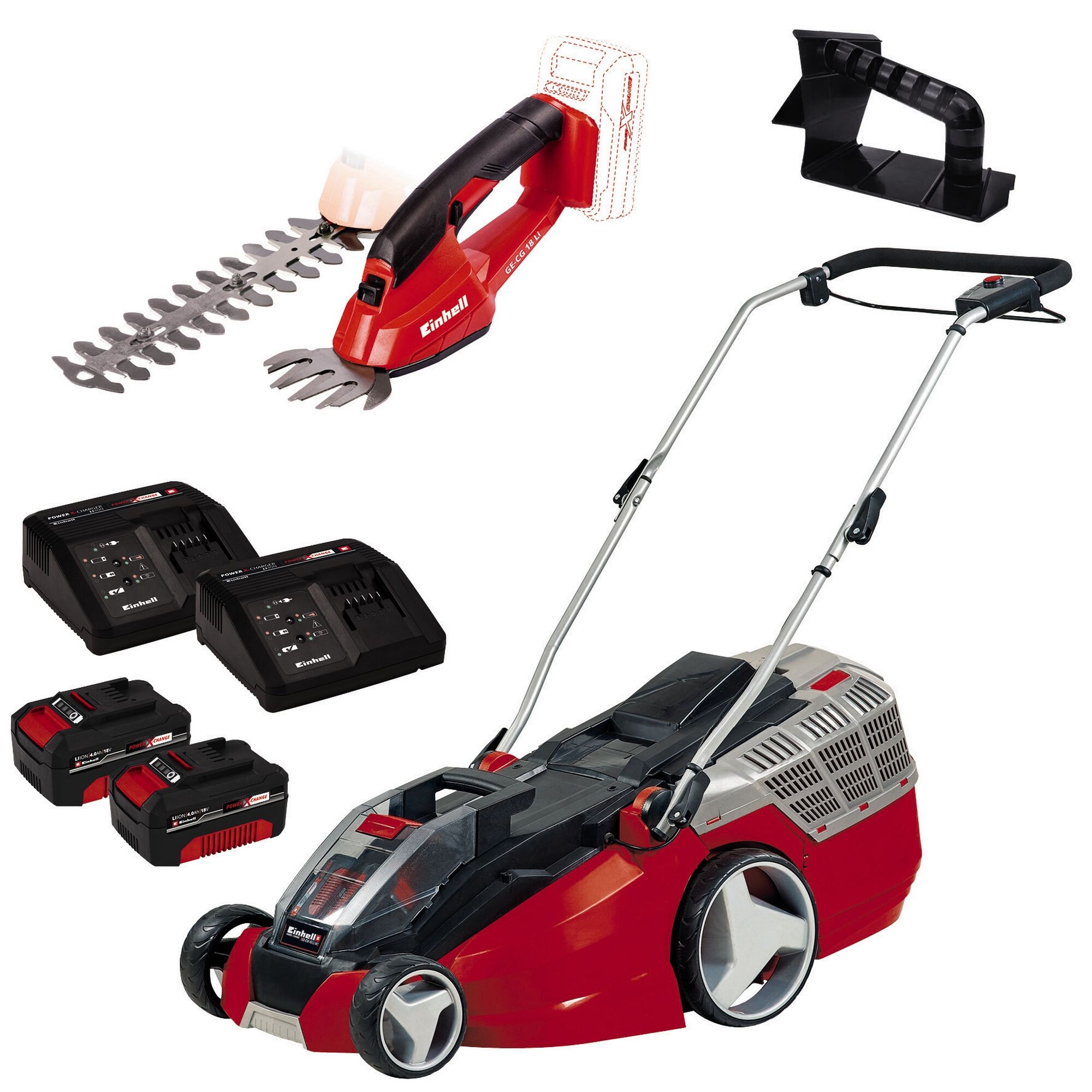 Einhell Akku-Rasenmäher GE-CM 43 Li M Set mit Heckenschere, Akkus und Ladegeräten