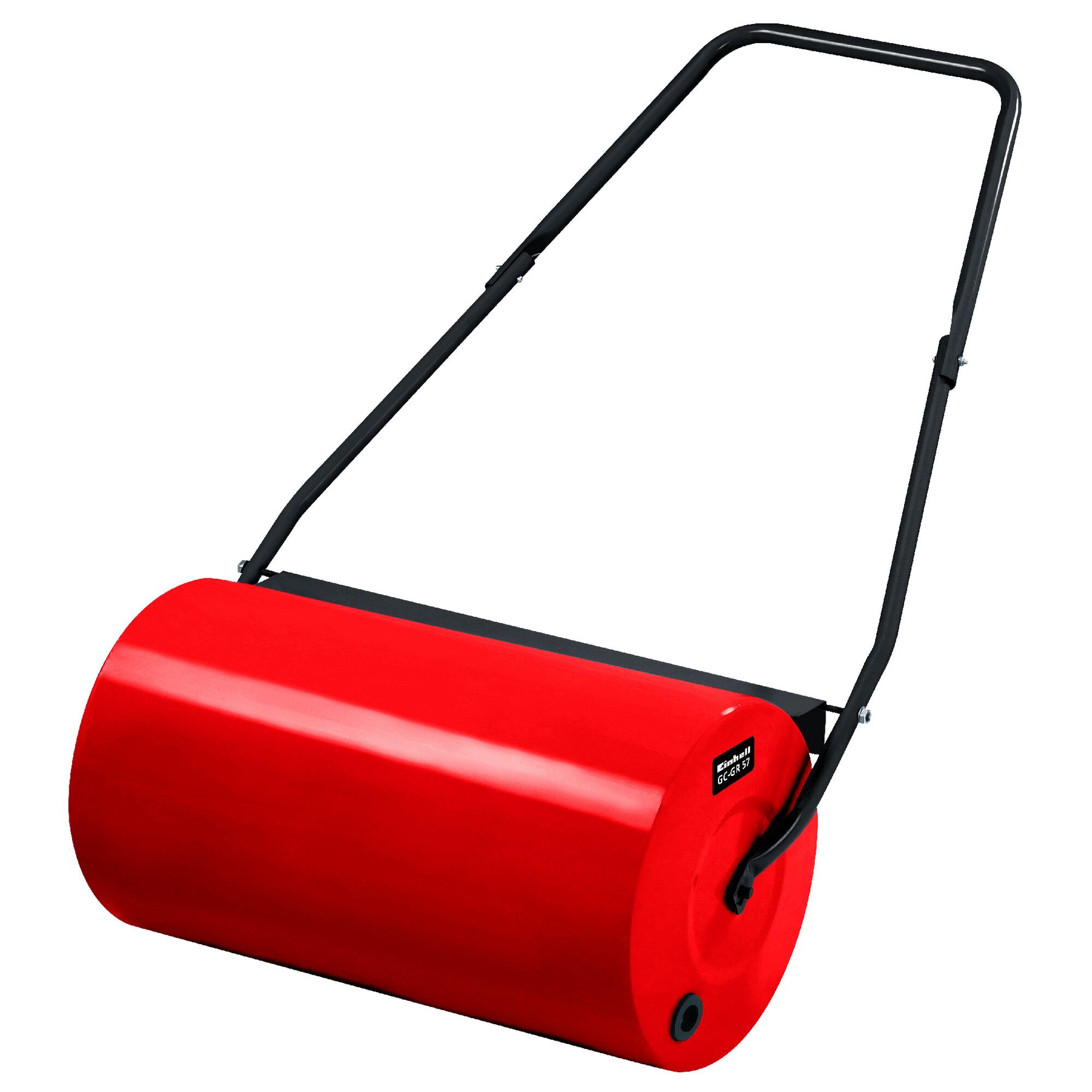 Rote Rasenwalze mit schwarzem Griff.