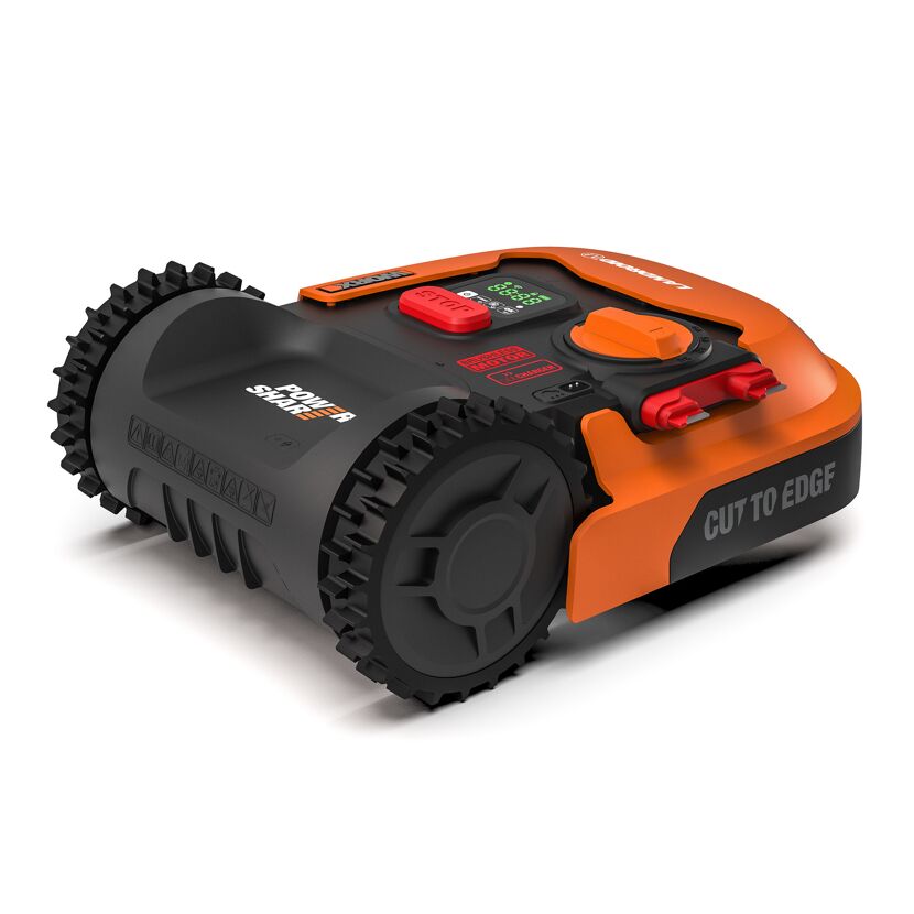 Landroid Mähroboter, schwarz und orange, Ansicht von schräg oben
