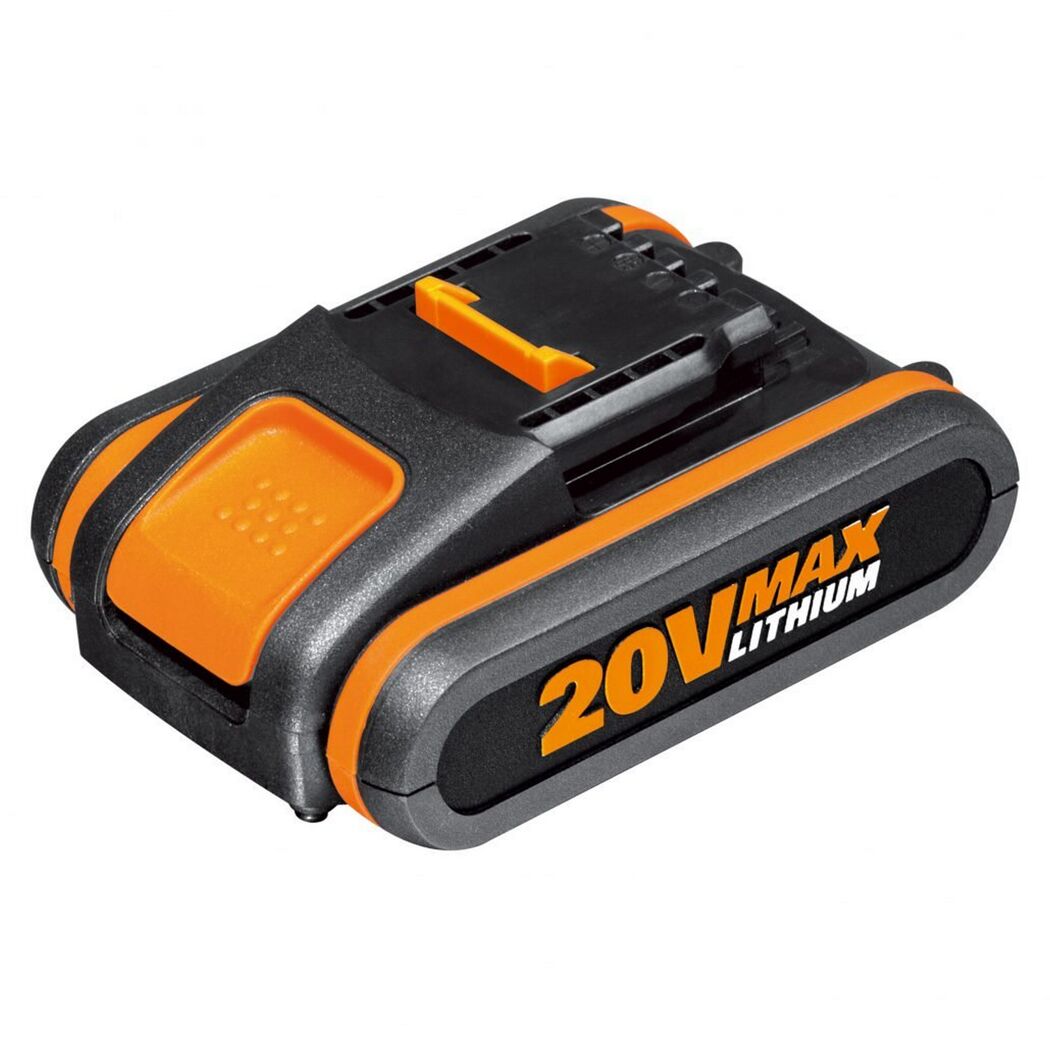 Akku mit der Aufschrift 20V Lithium und orangefarbenen Details.