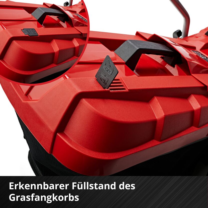 Füllstandsanzeige am Grasfangkorb des Akku-Rasenmähers
