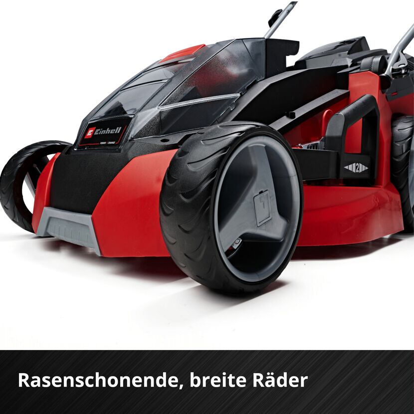 Einhell Akku-Rasenmäher GE-CM 43 Li M Kit, Detailansicht der rasenschonenden, breiten Räder