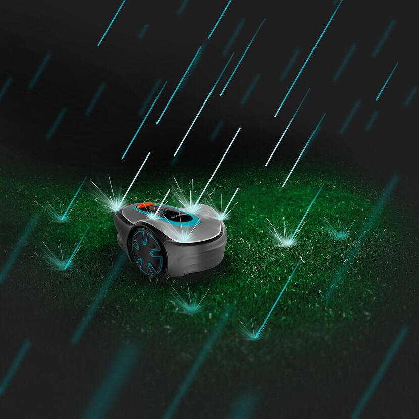 Mähroboter SILENO minimo im Regen auf Rasen