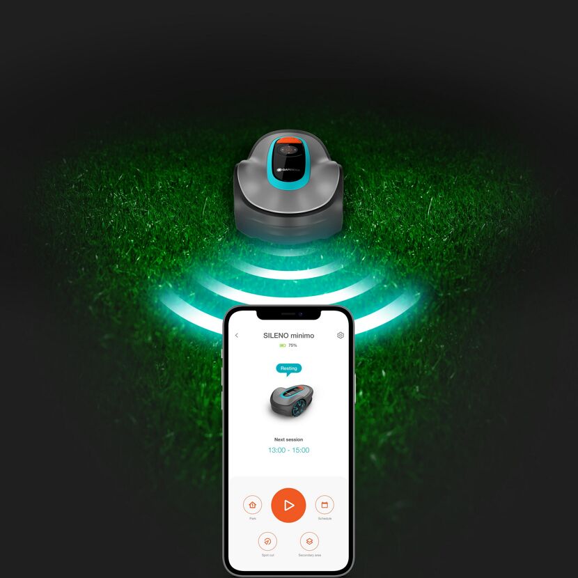 Gardena SILENO minimo Mähroboter auf Rasen, Smartphone-App