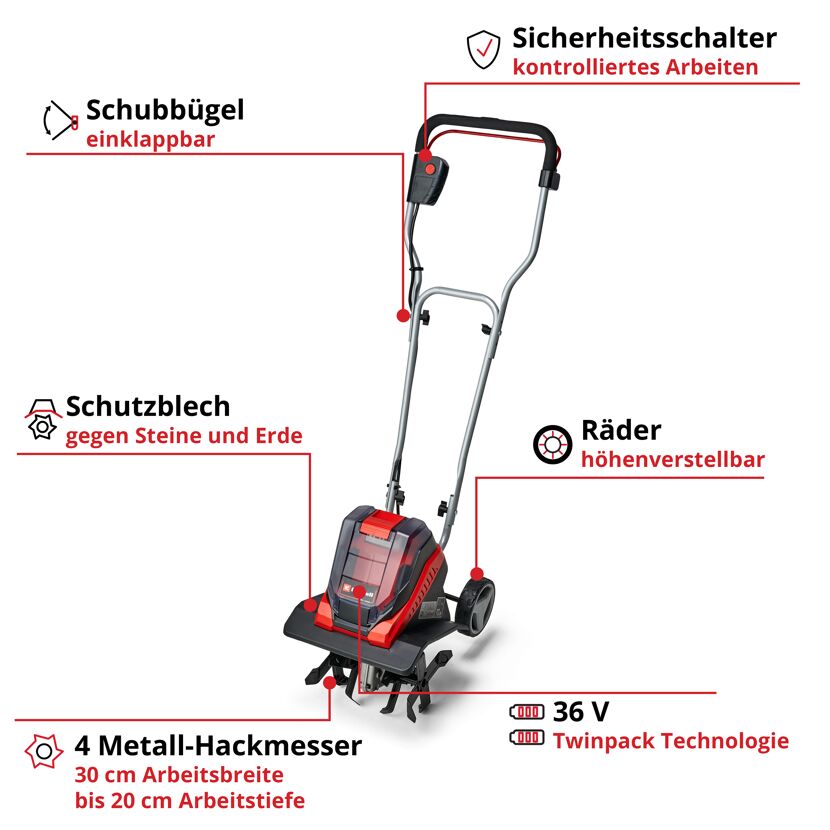 Akku-Bodenhacke mit 4 Metall-Hackmessern