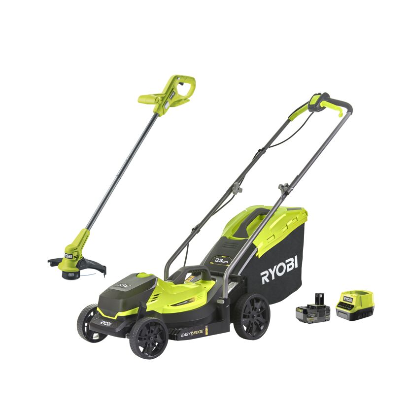 RYOBI Akku-Rasenmäher und -Rasentrimmer mit Akku und Ladegerät