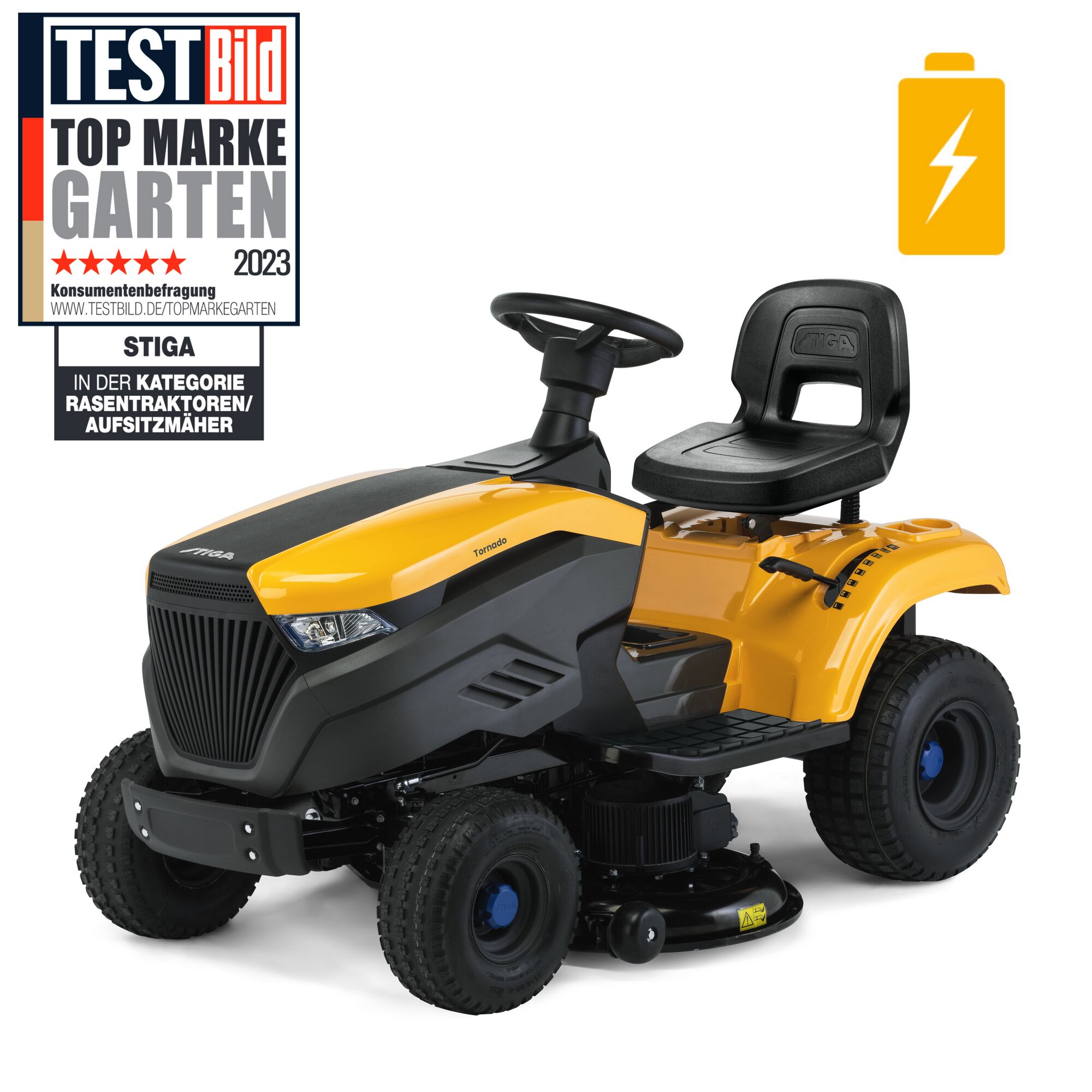 Gelber Aufsitzmäher der Marke Stiga