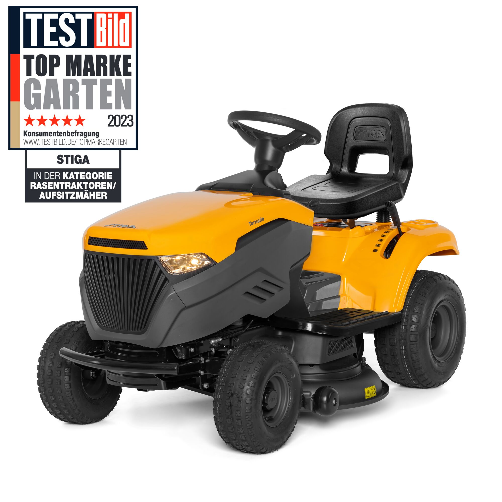 Gelber Rasentraktor der Marke Stiga Tornado