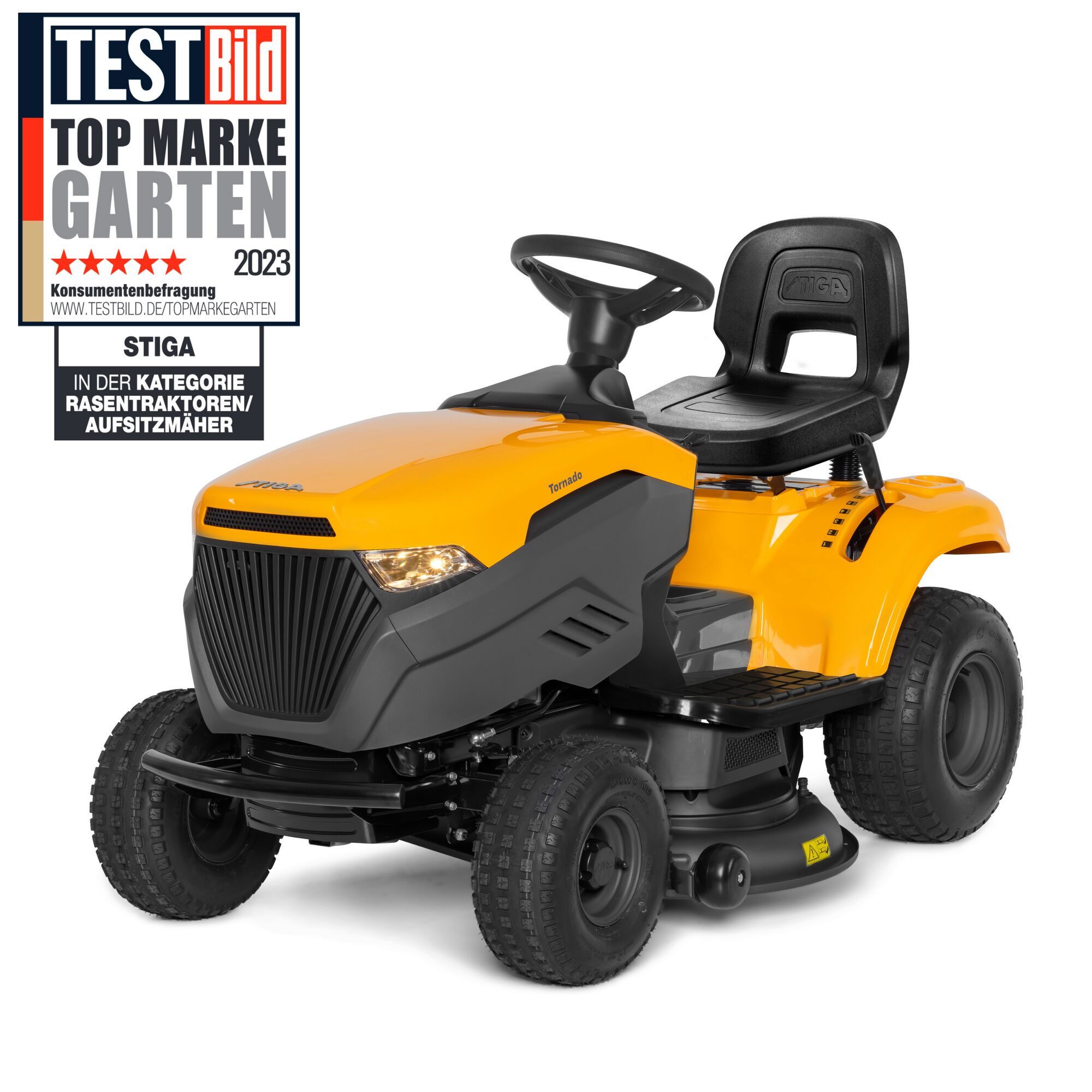 Gelber Rasentraktor der Marke STIGA.