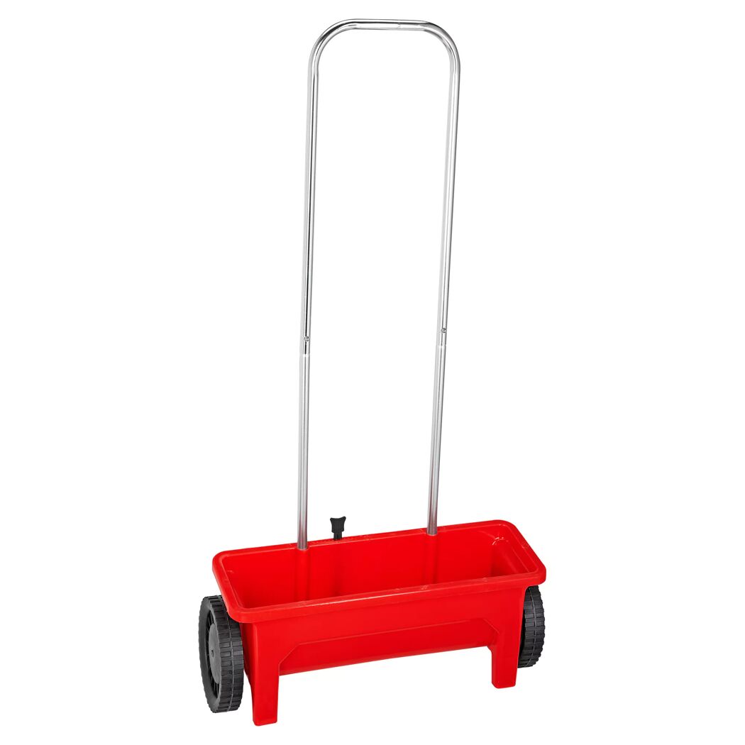 Roter Streuwagen mit Metallgriff und zwei schwarzen Rädern