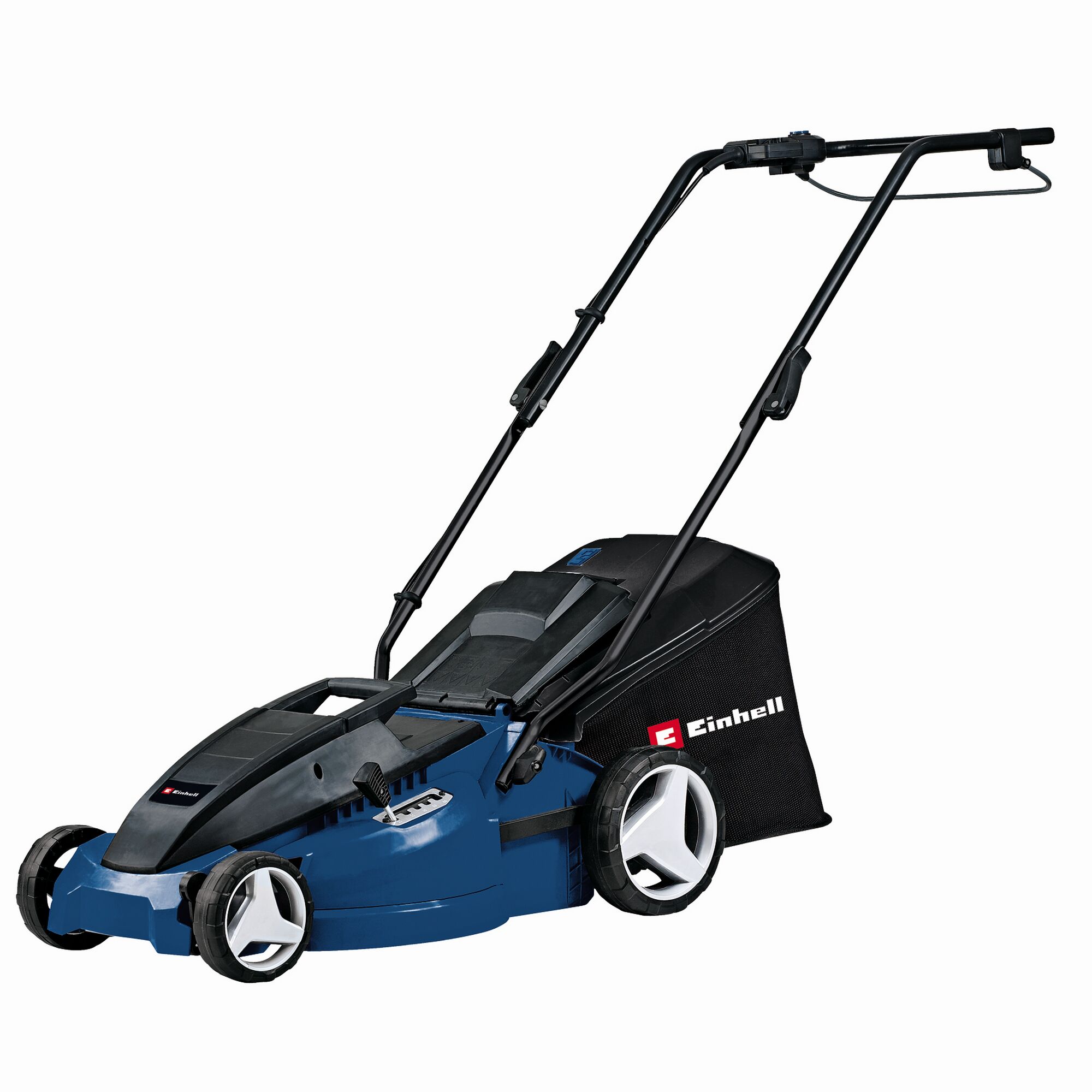 Elektrischer Rasenmäher von Einhell in Blau.