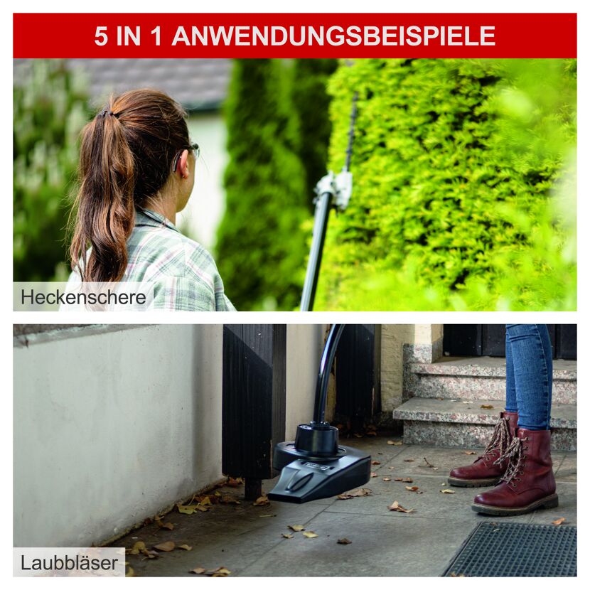 Person verwendet Heckenschere und Laubbläser