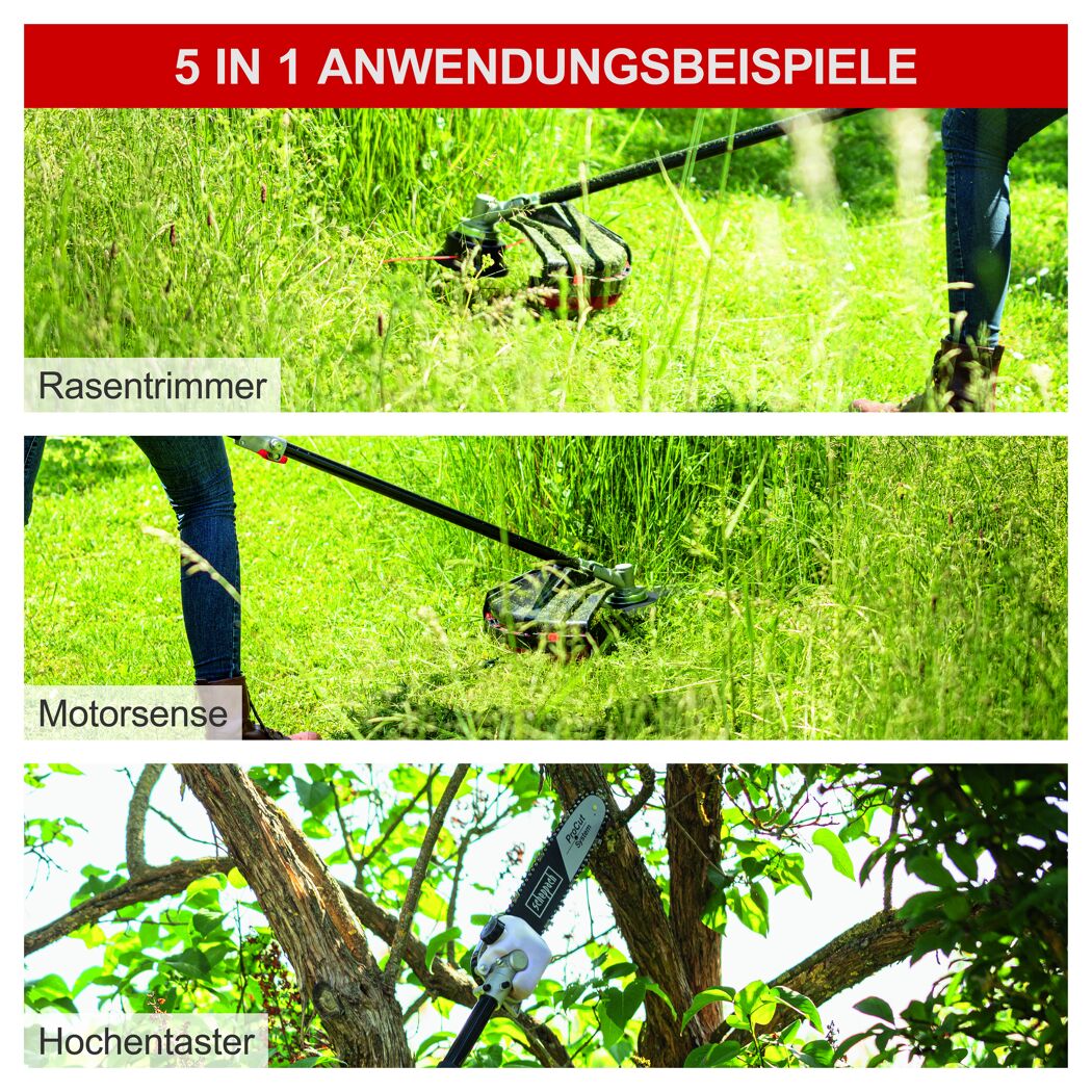 5 in 1 Anwendungsbeispiele: Rasentrimmer, Motorsense und Hochentaster