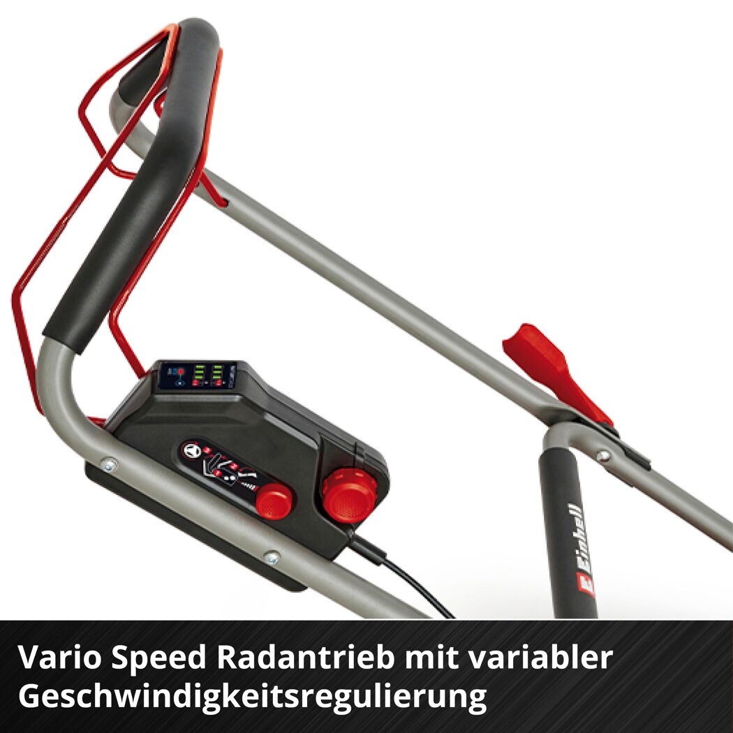 Bedienelement des Akku-Rasenmähers mit Vario Speed Radantrieb.