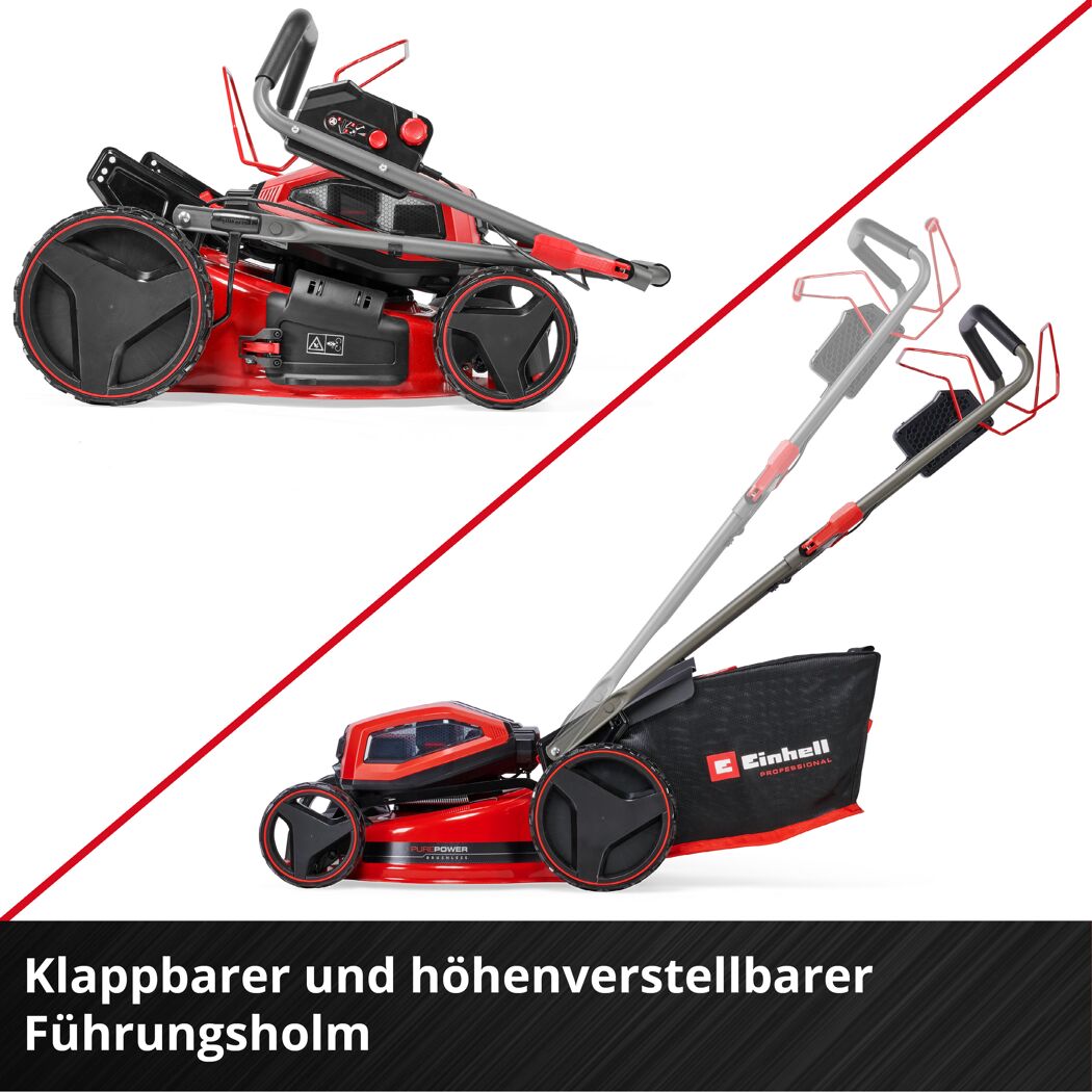 Roter Akku-Rasenmäher mit klappbarem und höhenverstellbarem Holm.
