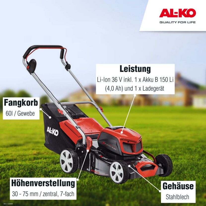 AL-KO Akku Rasenmäher 36 V, 60 l Fangkorb
