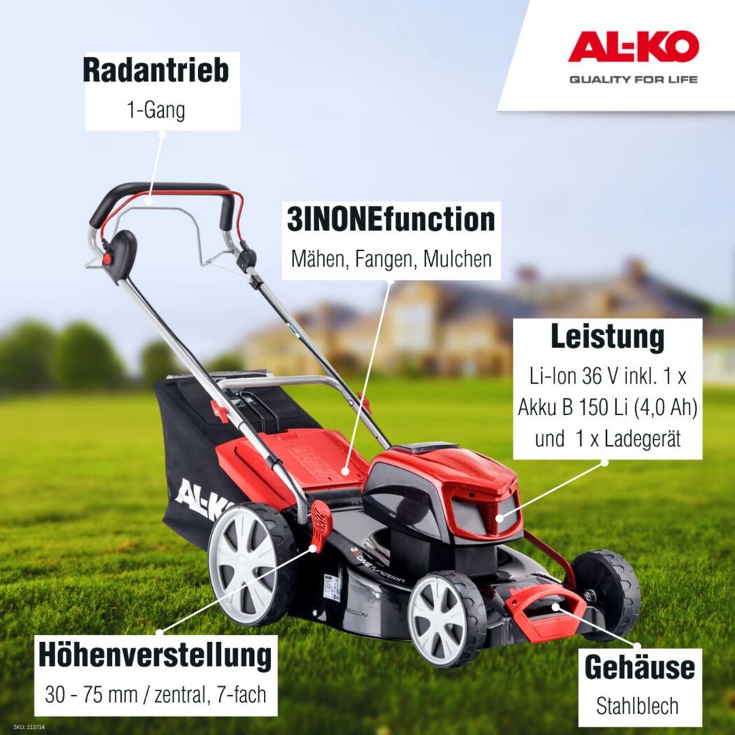 AL-KO Akku Rasenmäher auf grünem Rasen.