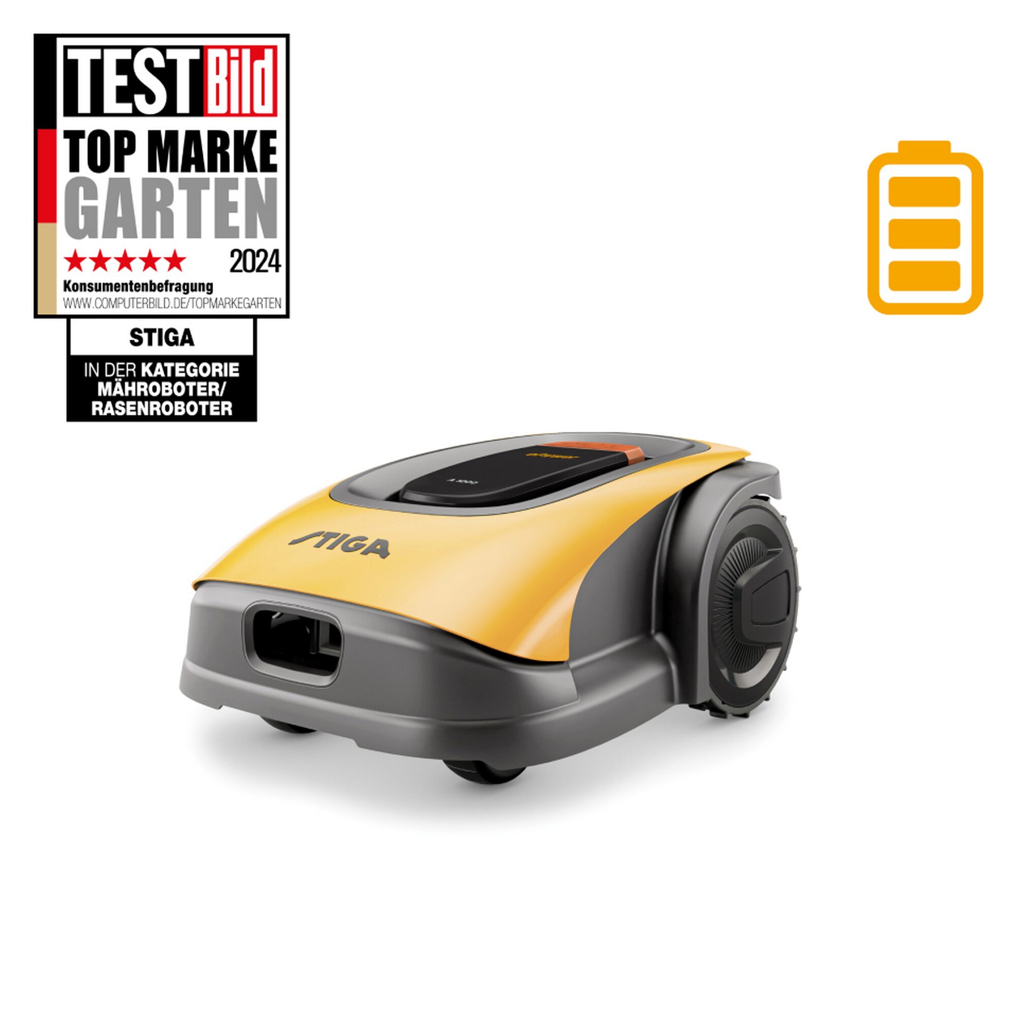 Gelber STIGA Rasenmähroboter