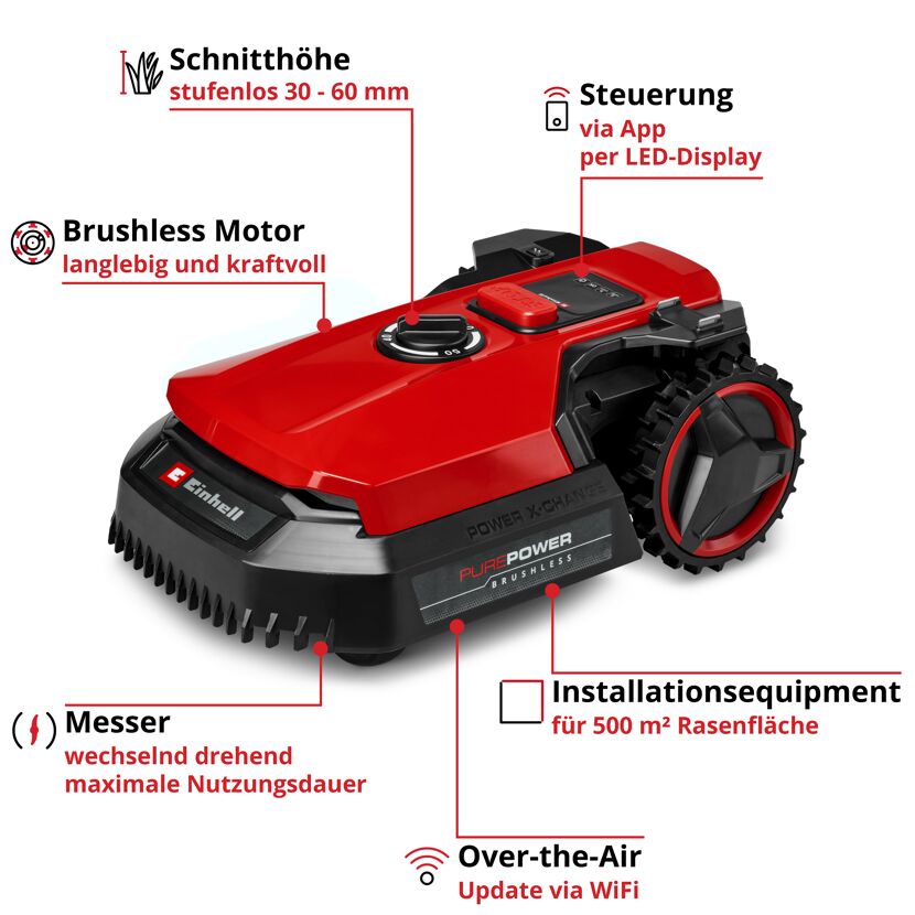 Roter Mähroboter mit Messern