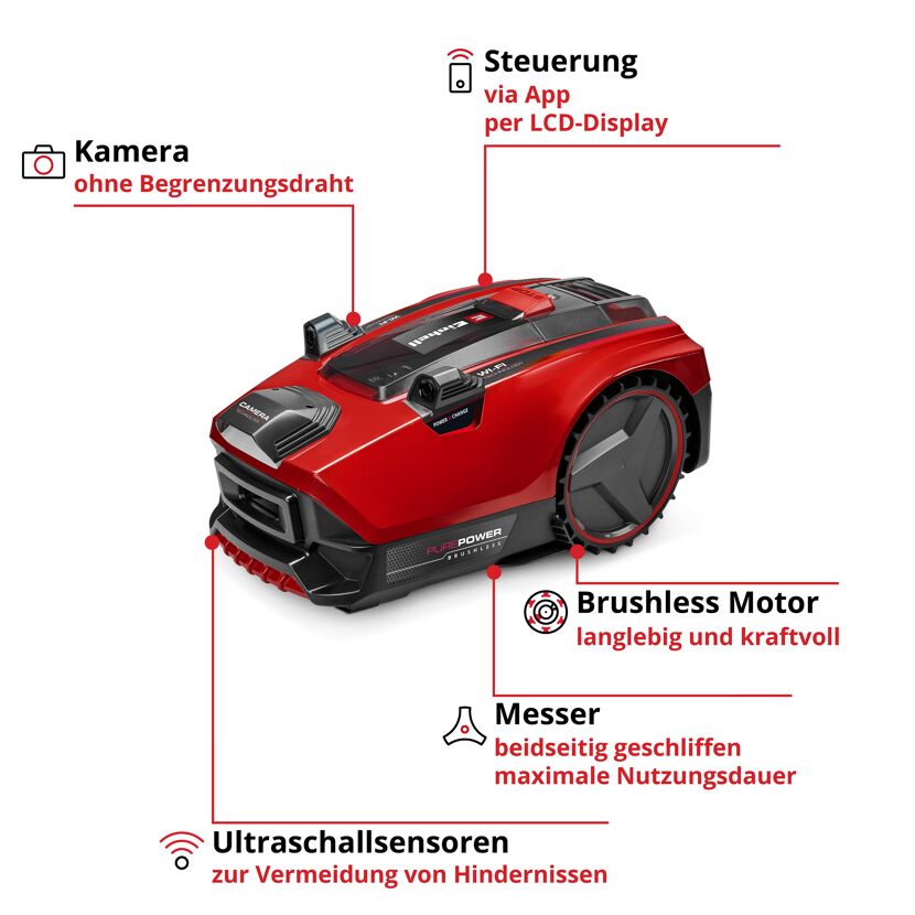Roter Mähroboter mit Messer