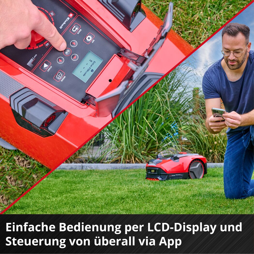 Person steuert Mähroboter per App