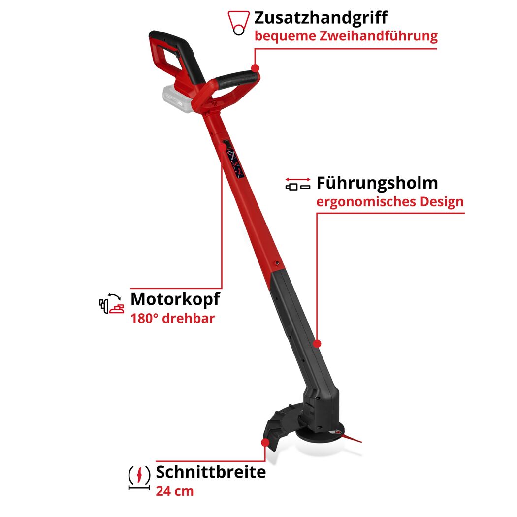 Roter Akku-Rasentrimmer mit Details
