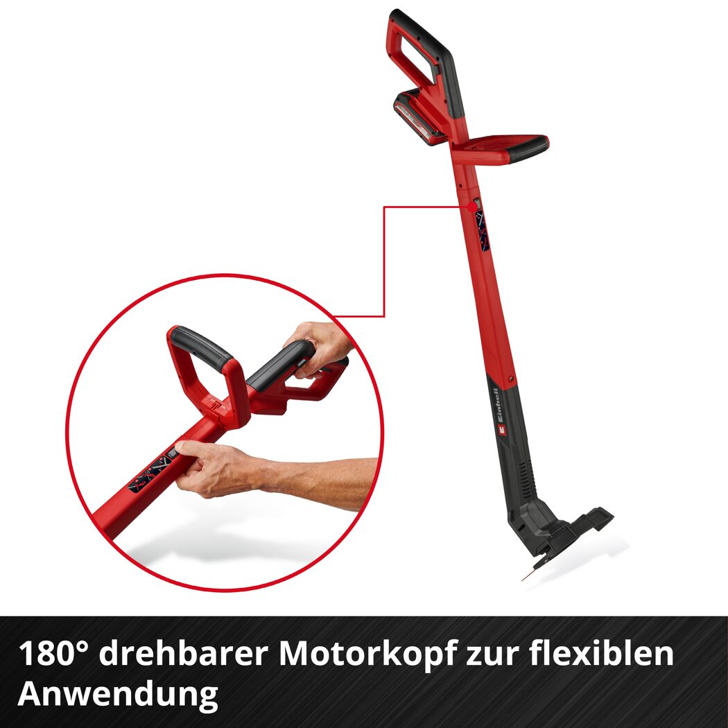 Person hält einen roten Akku-Rasentrimmer