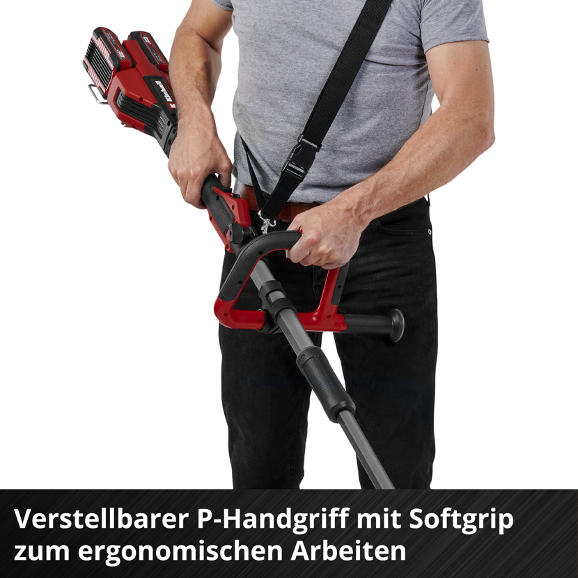 Person stellt Akku-Sense mit P-Griff ein