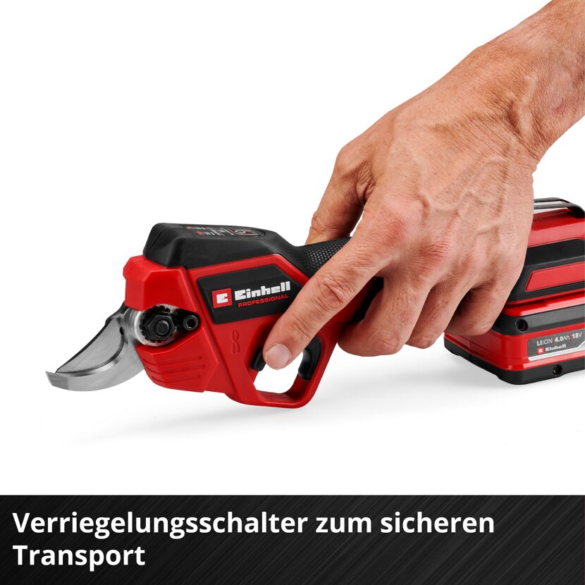 Hand hält Akku-Astschere