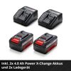 Zwei Einhell Power X-Change Akkus und Ladegeräte.