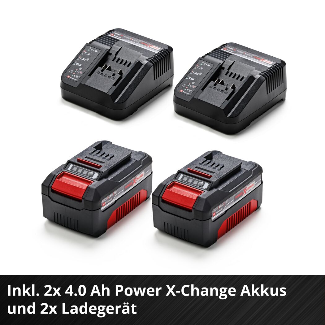 Zwei Einhell Power X-Change Akkus und Ladegeräte.