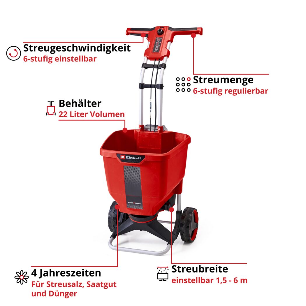 Roter Streuwagen mit Rädern und Griff