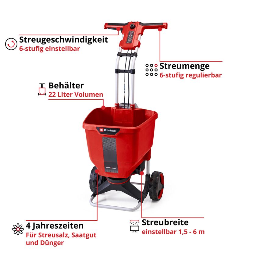 Roter Streuwagen mit Rädern und Griff