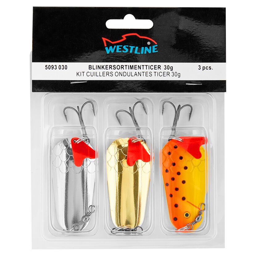 Drei Blinker von Westline in Silber, Gold und Orange.