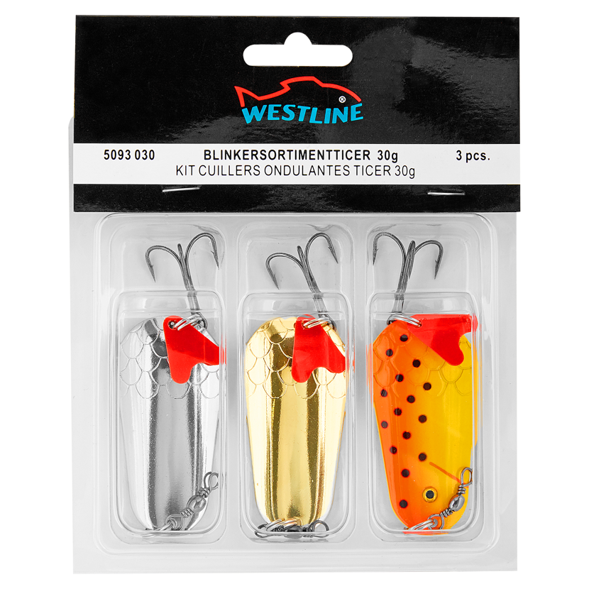 Drei Blinker von Westline in Silber, Gold und Orange.