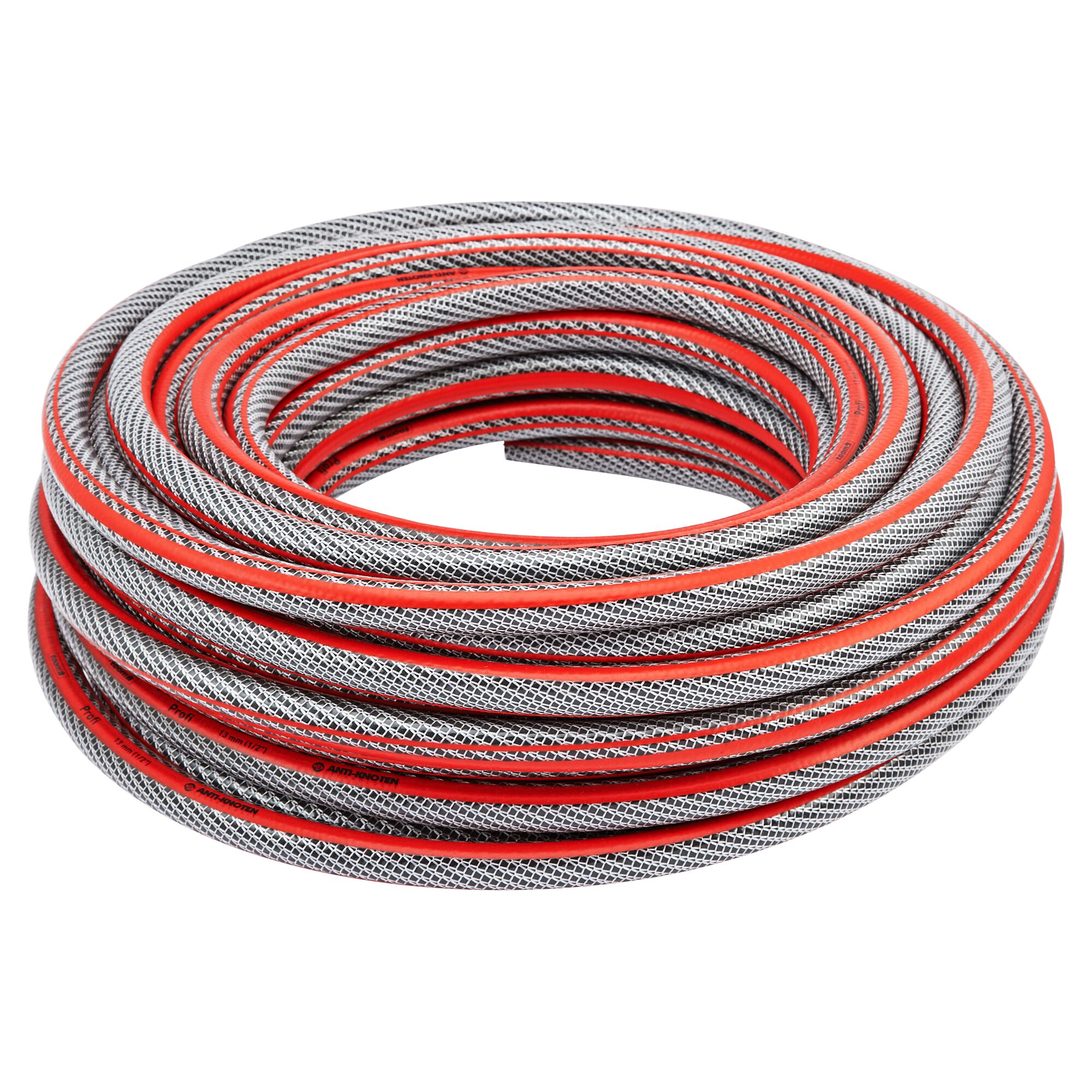 Aufgerollter grauer Gartenschlauch mit roten Streifen