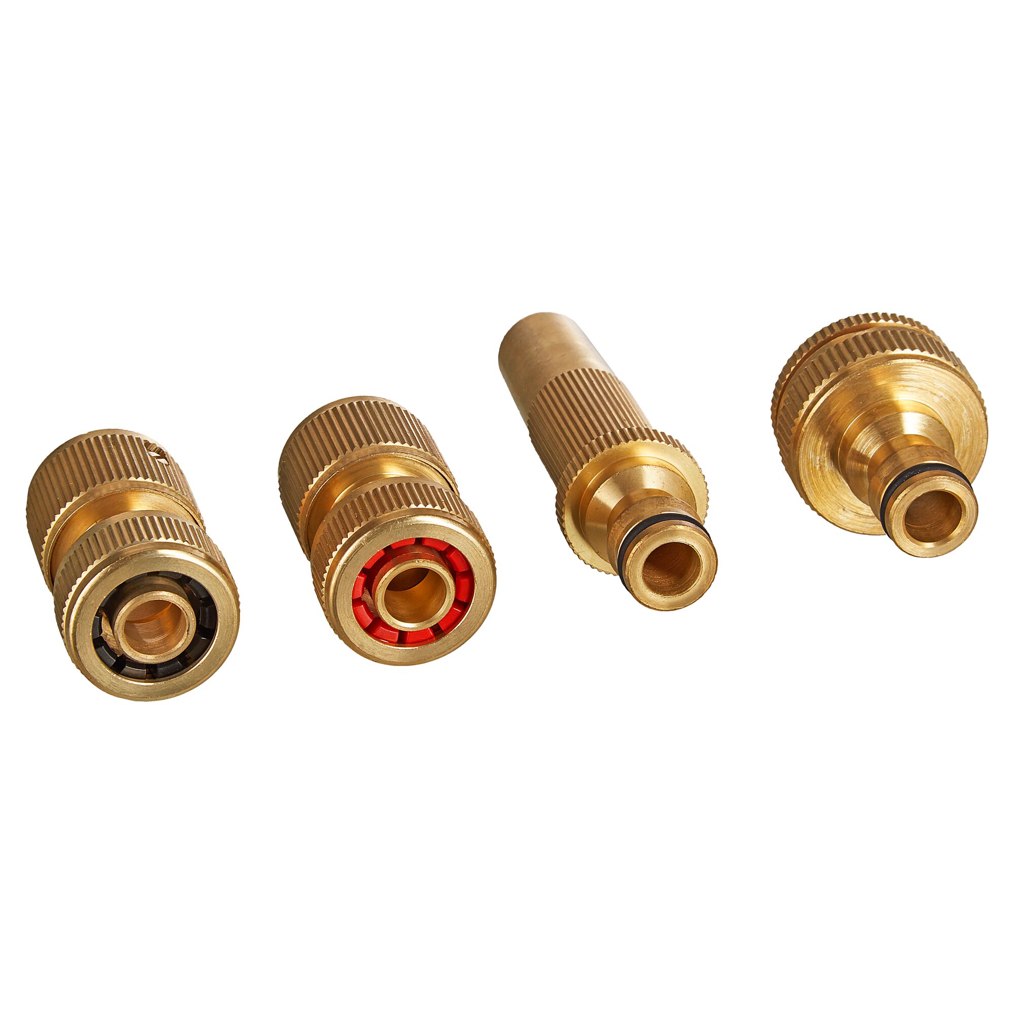 Vier messingfarbene Schlauchkupplungen