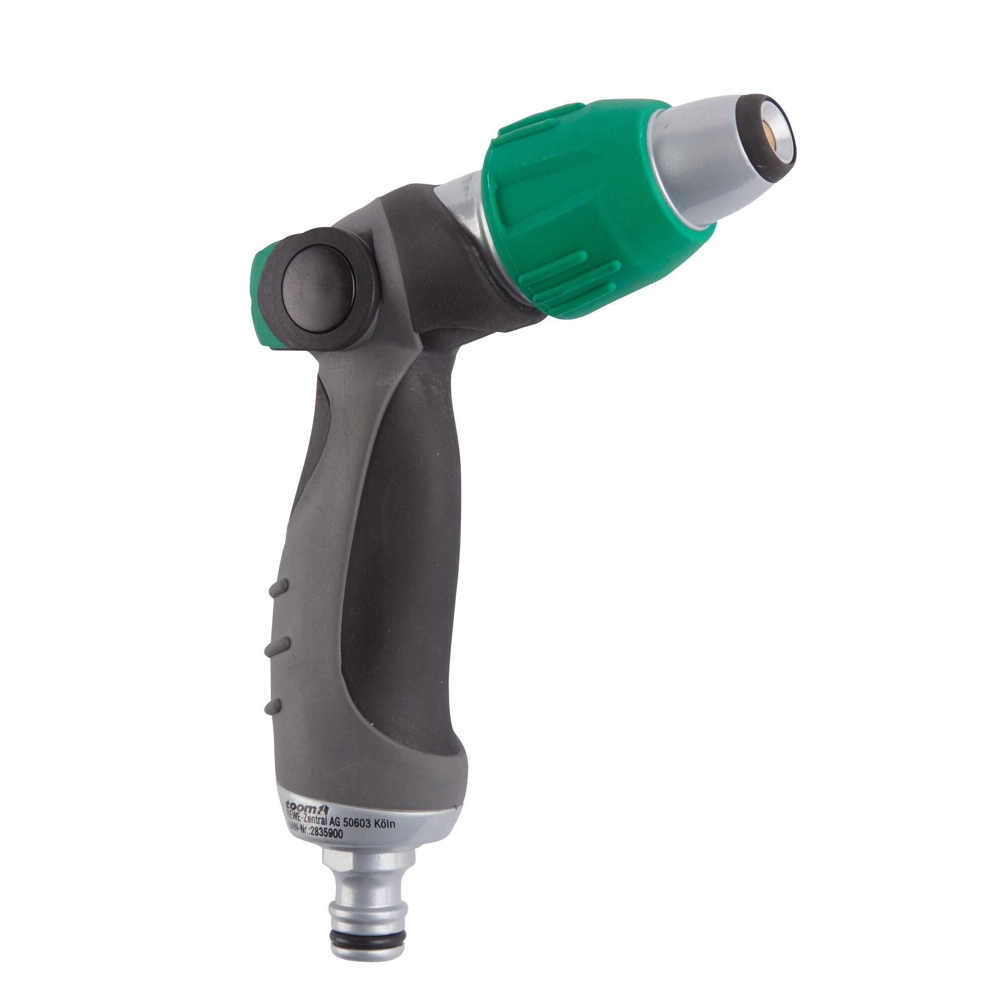 Gartenspritze aus Metall mit schwarzem Griff und grünem Kopf