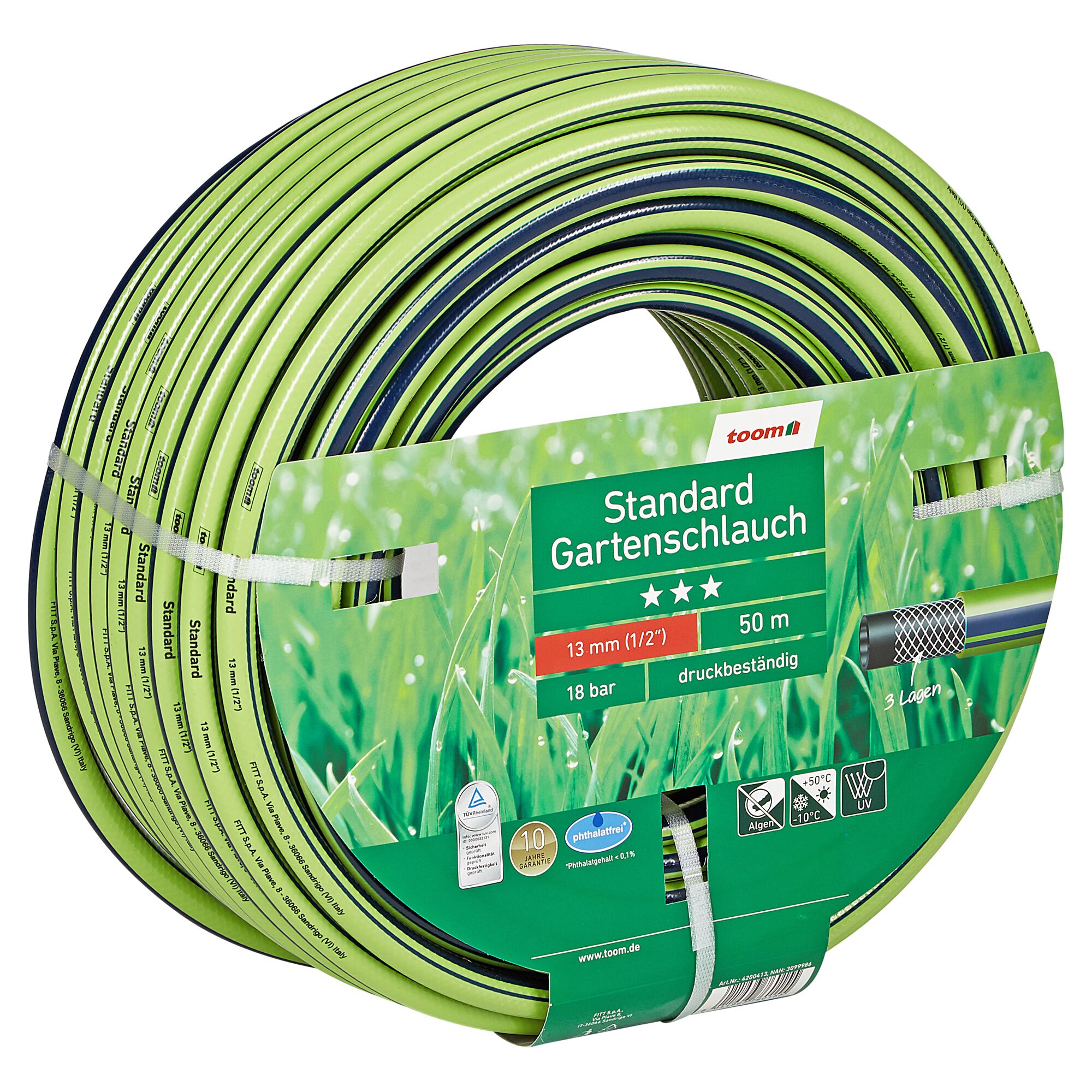 Grüner Gartenschlauch aufgerollt, 50 m