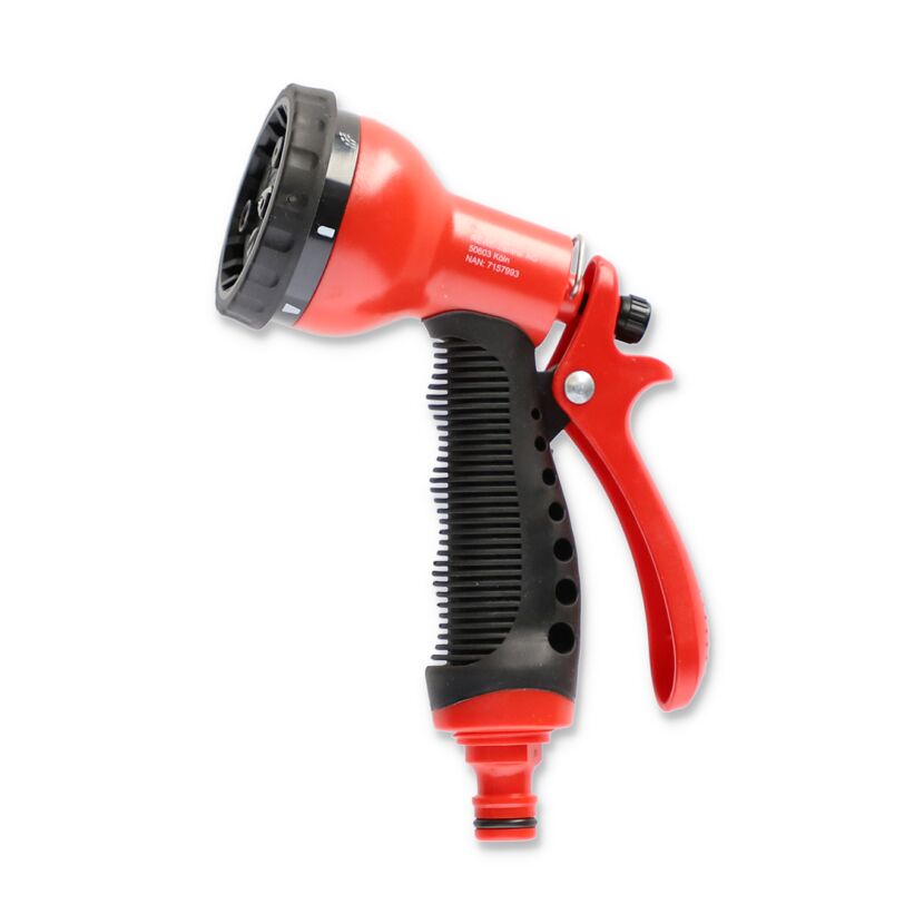 Rote Gartenbrause mit schwarzem Griff