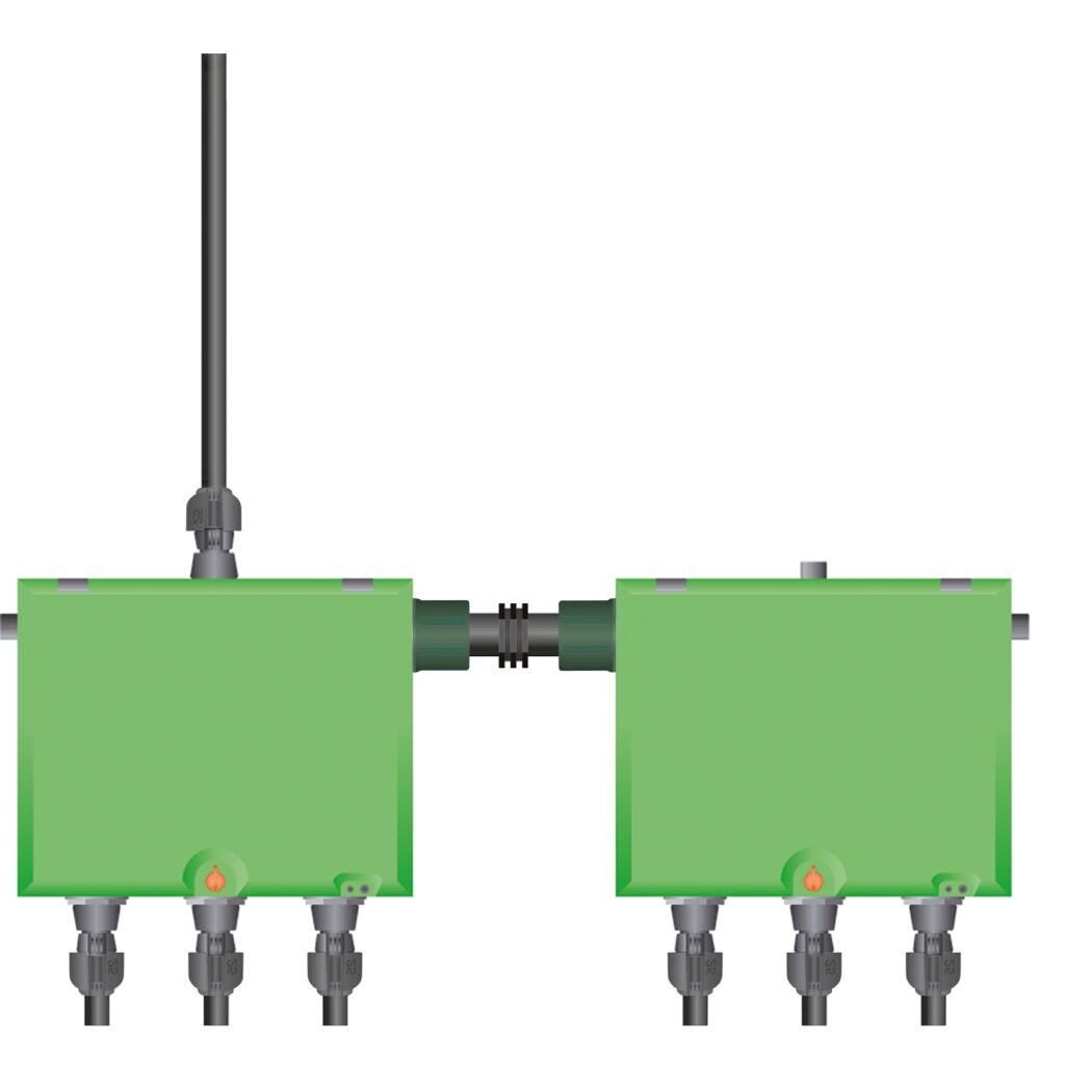 Zwei grüne Ventilboxen mit Anschlüssen und schwarzem Verbinder.