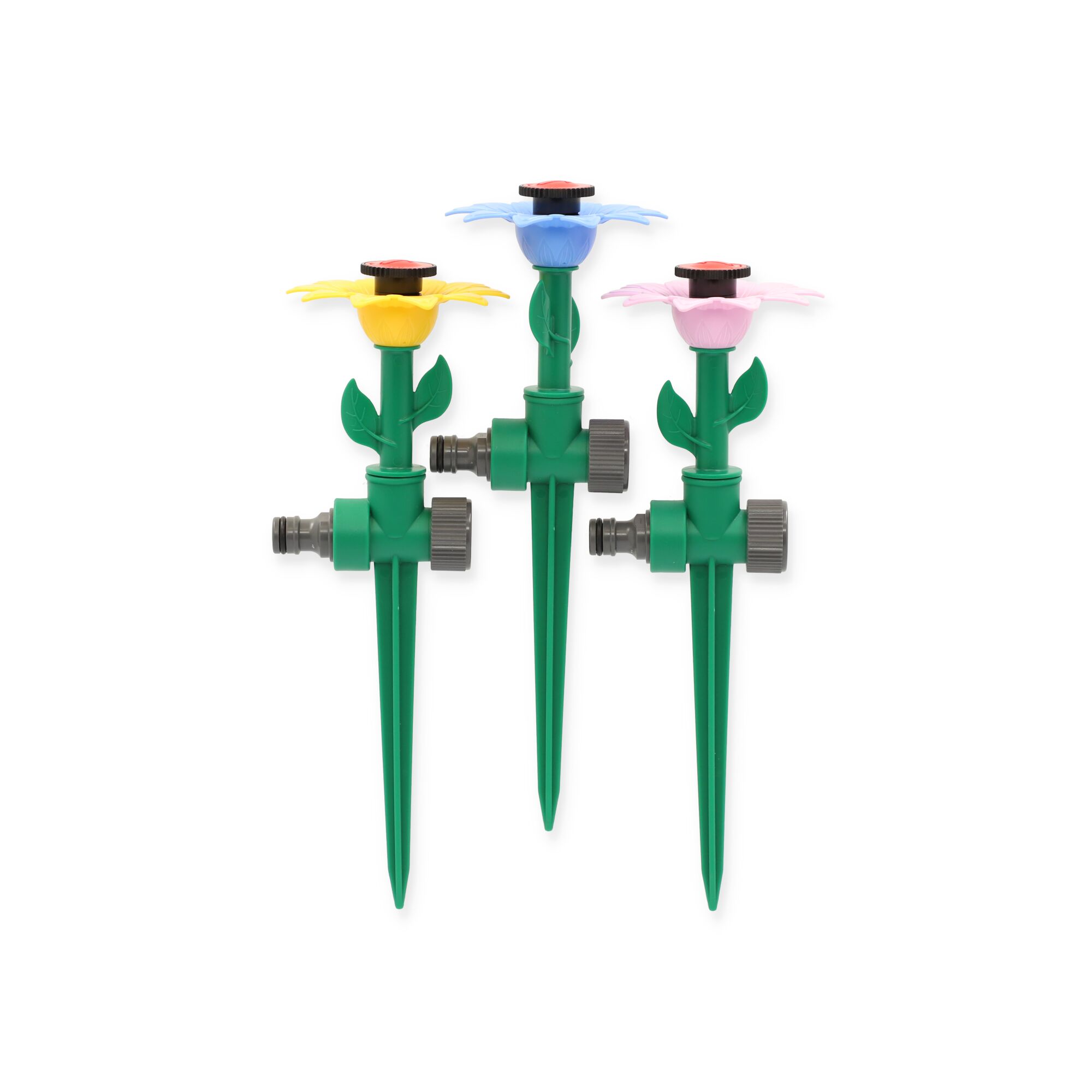 Drei bunte Rasensprenger in Blütenform