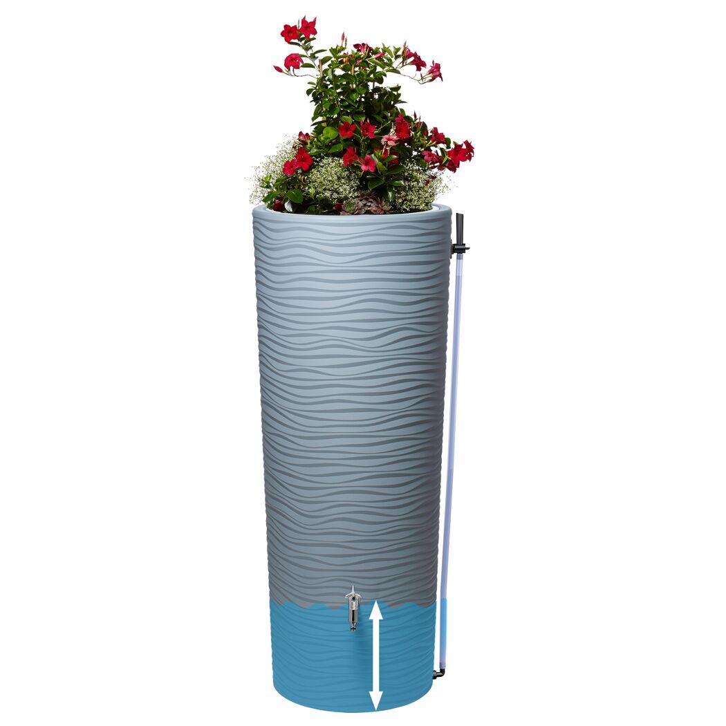 Regentonne mit Gießkanne und Blumen