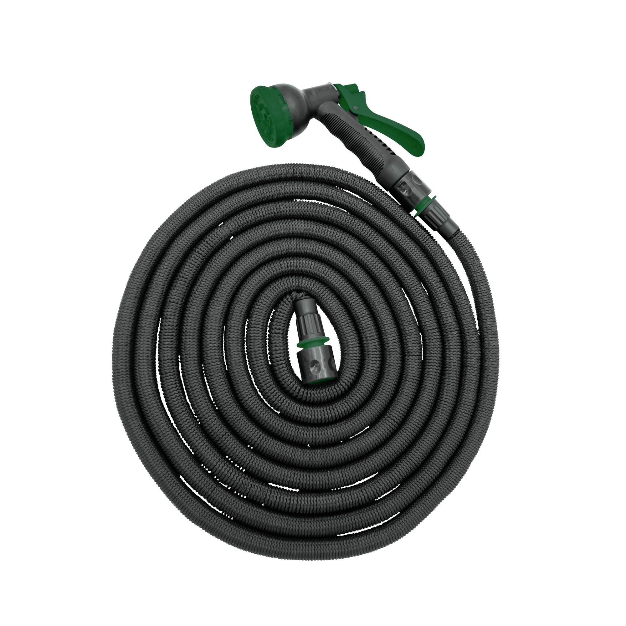 Aufgerollter Gartenschlauch mit Sprühdüse